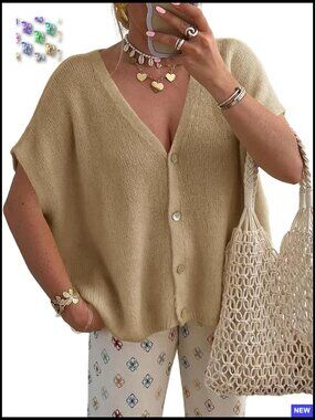 Oversized Batwing Sleeve Cardigan Lightweight Knit V-Neck Button Casual Top